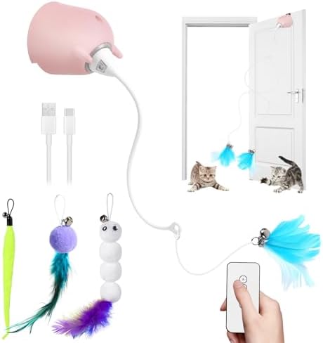 Cat Toys Interactive for Indoor Cats, Rechargeable Toy Hanging Door Electric with 4pcs Feathers Toys for Bored Kittens (Pink)