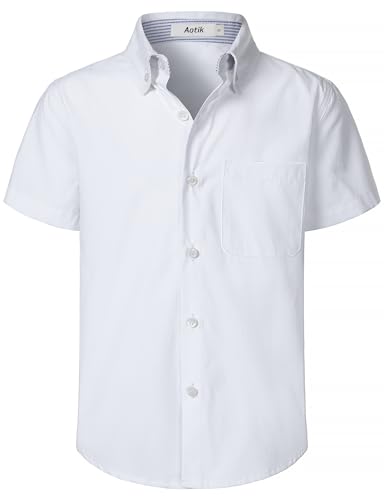 Boys Oxford Button Down Shirt Short Sleeve Formal Uniform Dress Shirts with Pocket