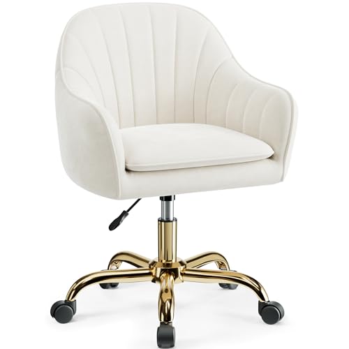 BestEra Vanity Chair with Wheels, Comfy Home Office Desk Chairs Adjustable Modern Velvet Makeup Vanity Chairs for Bedroom Living Room-Beign