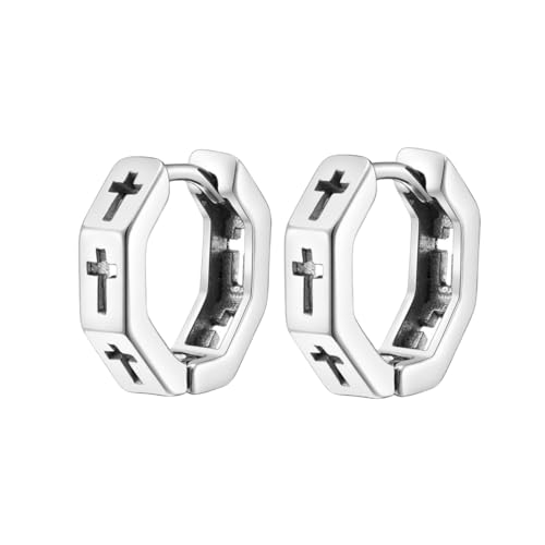 Men's Hypoallergenic Stainless Steel Hollow Cross Huggie Hoop Earrings for women men,Titanium Steel Dainty Huggy Hoop Male Cartilage Cross Earrings,Unisex Silver Color Unique Hooped Hug Earrings,
