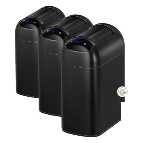 EKO Astro Slim Sensor Trash Can, 10L/2.6 Gallon Touchless Garbage Bin w/Soft-Close Retractable Wing Lid, Motion Sensor Stainless Steel Trash Can for Bathroom and Office, Waterproof, Black (Pack of 3)