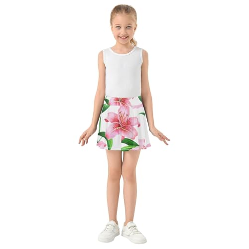 Girls Skorts Athletic Shorts Tennis Skirts Kids Clothes Pleated Watercolor Lily Flowers Green Leaves White 3t3