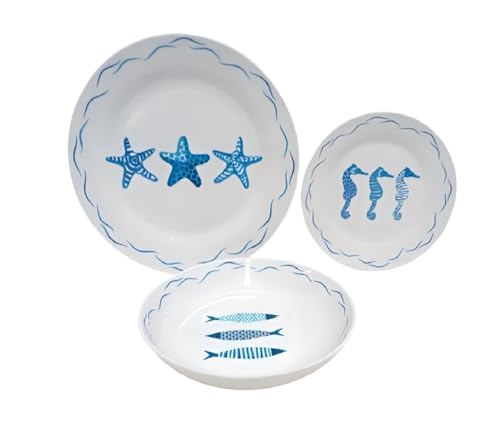 Servizio di piatti 18 pezzi per 6 persone in porcellana decoro mare pesce cavalluccio marino stelle marine tavola casa cucina