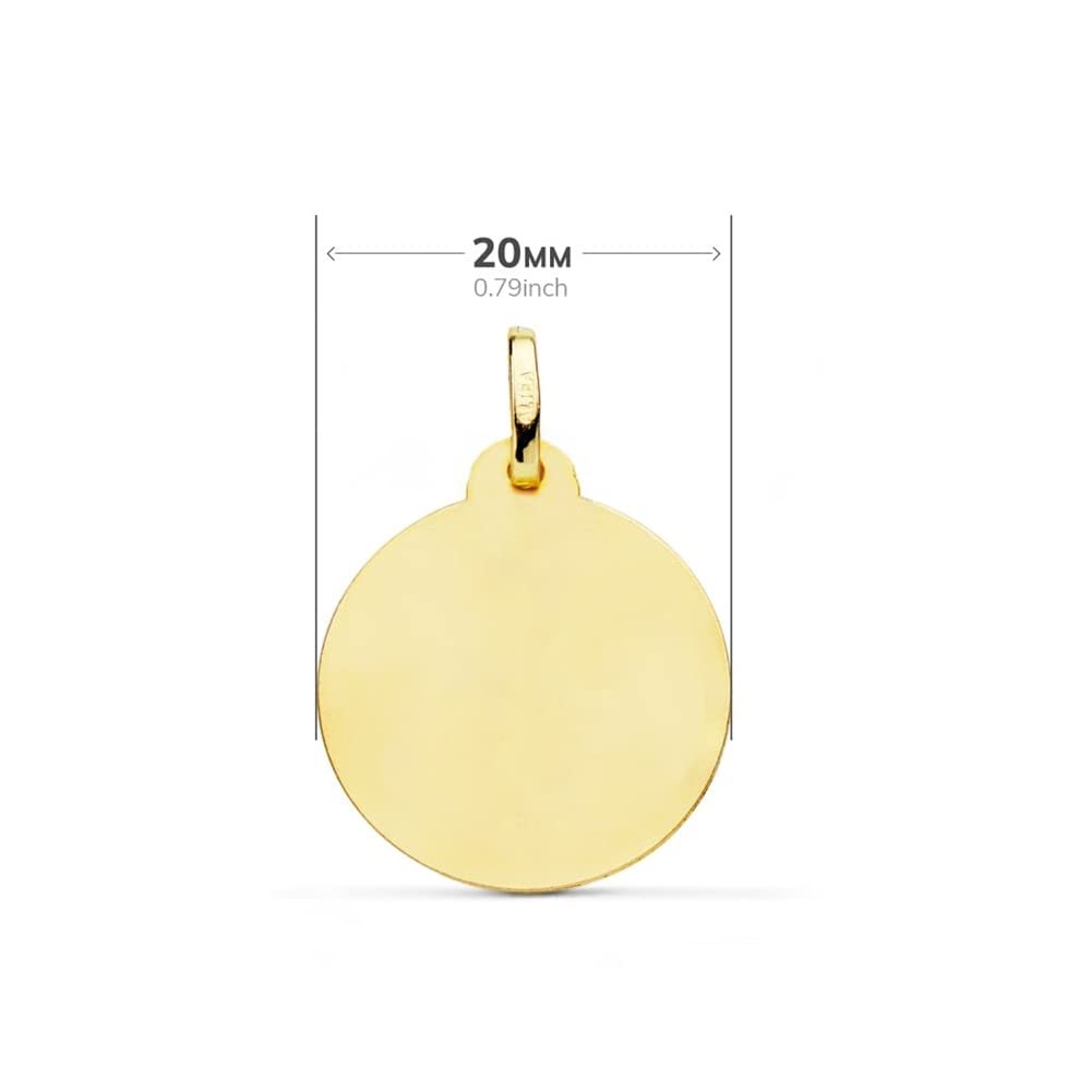 Virgen María medalla oro 18k Primera Comunión colgante 20mm. lineas talladas cruzadas borde