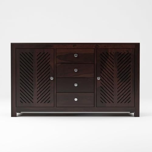Image of Solid Sheesham Wood Wooden Sideboard Storage Cabinet : Ideal for Living Room and Bedroom with 4 Drawers and 4-Shelf Storage (Ferna, Walnut Finish)