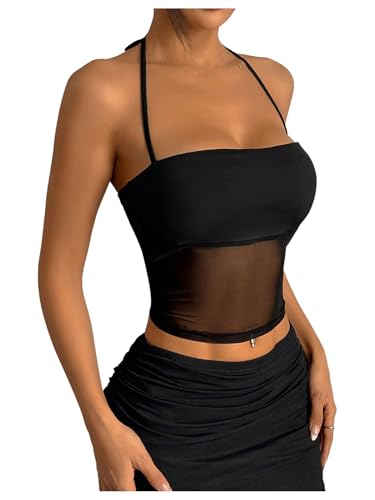 SOLY HUX Women's Mesh Halter Top Sleeveless Tie Backless Sheer Y2k Rave Party Crop Tops