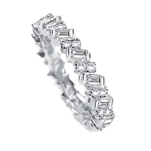 Platinum Plated Emerald/Cushion Cut Cubic Zirconia CZ Fine Ring for Women, Baguette and Round CZ Engagement Wedding Eternity Band Ring (US Size 6)