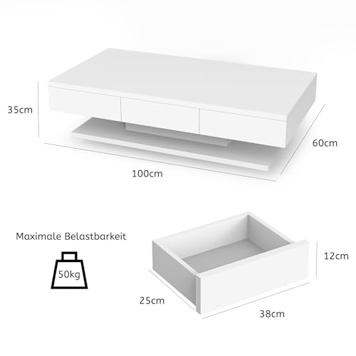 Oyajia Couchtisch, Modern Sofatisch Wohnzimmertisch mit 2 Schublade, Wohnzimmertisch Hochglanz Modern, Beistelltisch Weiss mit Offenem Ausstellungsregal Weiß, 100 * 60 * 35cm(LED Nicht enthalten) – Bild 3