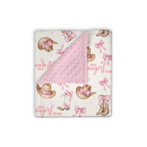 Image of Mink Baby Girl Blanket Western New Cowgirl in Town, Pink Bow Ribbon Boot Hat Soft Double Layer Dotted Backing Receiving Swaddle, Newborn Infant Toddler Nursery Crib Bedding Shower Gift 30 x 40