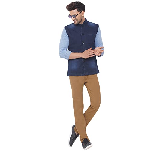 Image of JOHN PRIDE Men Regular Size Solid Navy Blue Denim Nehru Jacket (JPRNJ14003 Navy Blue)
