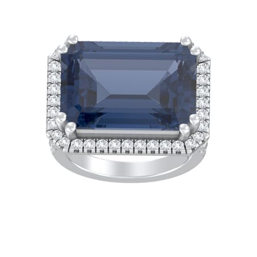 925 Sterling Silver or 18K Gold Plated Silver 18x13 mm Round-shape Blue and white Sapphire Solitaire Engagement Ring