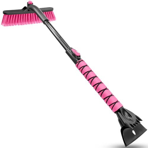 HEEYA Snow Brush for Car Extendable Snow Brush and Ice Scraper with Foam Grip Car Window Scraper for Snow and Ice for SUV Truck Auto RV Vehicle Windshield - Pink