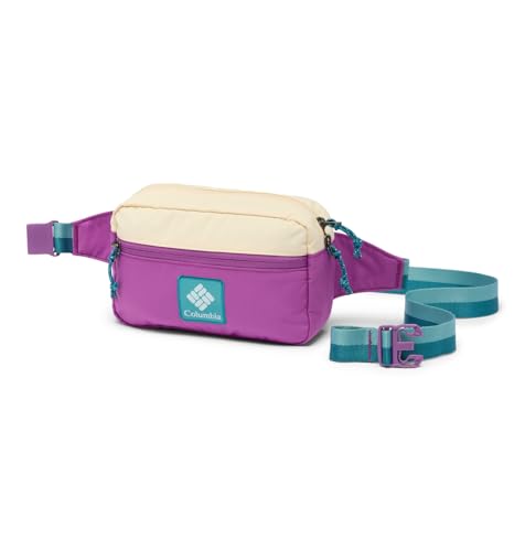 Columbia Trail Traveler Hip Pack in purple and cream, featuring adjustable strap and logo, ideal for waterproof travel gear.