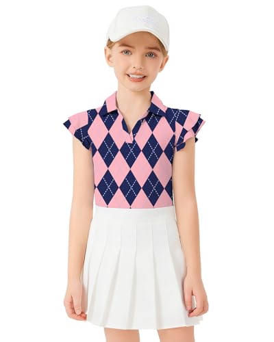 Image of Soneven Girls Ruffle Sleeve Polo Shirts V-Neck Golf Tennis T-Shirts Uniform Shirts Quick Dry for 4-14 Years