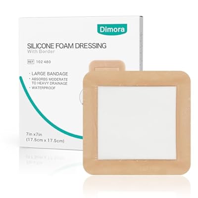Dimora Large Bandage Ultra Soft Wound Dressing - Bordered Silicone Adhesive Foam Dressing 7"x7" (5"x5"pad) for Bed Sores,Burn Treatment,Large Surgical Wound,Diabetic Ulcers,5 Pack