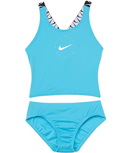 Nike Girl's Logo Tape Cross-Back Midkini Set (Little Kids/Big Kids) Chlorine Blue SM (7-8 Big Kid)