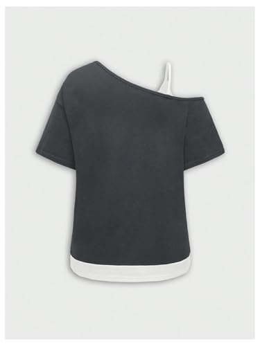 Image of SOLY HUX Women's Plus Size Y2k Tops Gothic Graphic Tees Trendy Short Sleeve Asymmetrical Neck T Shirts