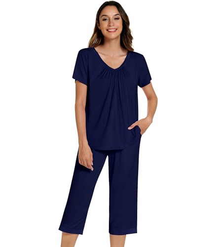 Image of NACHILA Bamboo Viscose Capri Pajamas for Women Cooling Short Sleeve Pjs