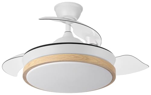 LUMIKING Ventilador de Techo con Luz LED 72W – Motor DC 32W Silencioso – Aspas Retráctiles Blanco/Madera – 3 Tonos de Luz 3000K/4000K/6500K – Regulable con Mando y Temporizador (Blanco/Haya 1, 91 cm)