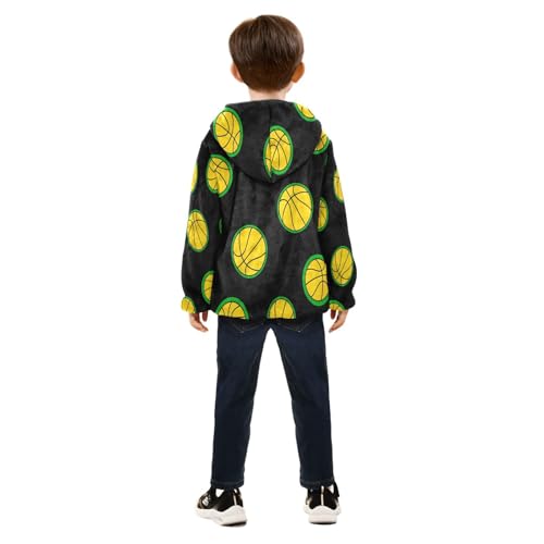 Basketball Pattern on Black Toddler Fleece Jacket Girl Boys Hooded Fleece Jacket Coat Warm Outwear Zip-up 3-10T4