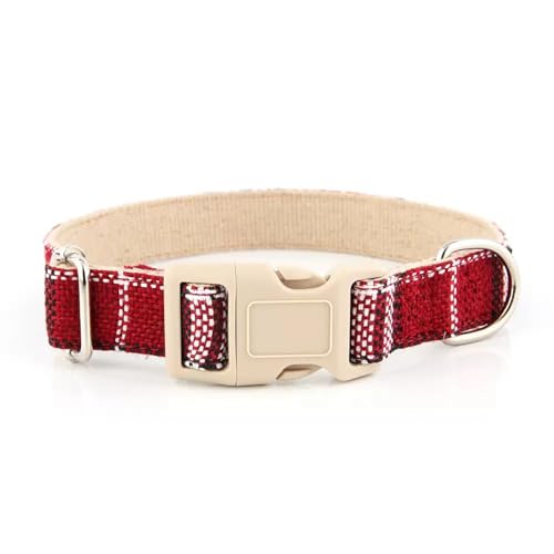 BROUAURPE Cotton Hemp Pet Collar, Adjustable Collar for Dogs and Cats, Heavy Duty and Soft on Skin, Red Plaid, Medium Size