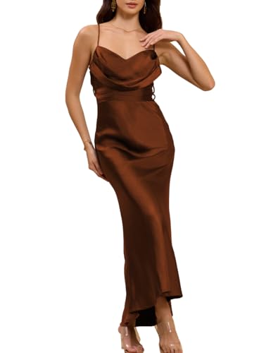 Women's Satin Spaghetti Strap Cowl Neck Backless Midi Wedding Guest Dress Ruched Sleeveless Tie Summer Dresses