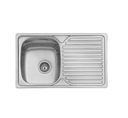 KORMAN Fregadero de Cocina de Acero Inoxidable AISI 304, Modelo Lisboa, 1 Seno con Escurridor, 800 x 440 mm, Instalación Sobre Encimera, Acabado Pulido