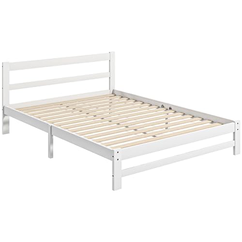 HOMCOM Marco de Cama de Madera 195x141 cm Estructura de Cama Doble con Somier para Colchón de 135x190 cm (no Incluido) Soporta 300 kg Blanco