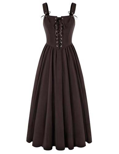 Damen Viktorianisches A-Linie Rockabilly Kleider mit Schnürung Quadratischer Hals Elegant Kleider Maxi Kleid Braun XL