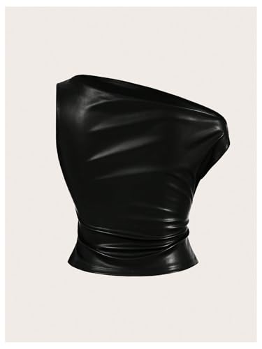 Milumia Women's Asymmetrical Faux Leather Top Ruched One Shoulder Sleevelss Y2k Crop Top Concert Outfits2