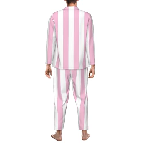 Pink And White Stripes Mens Pajamas Set Button Down Sleepwear Set Long Sleeve Loungewear With Pockets2