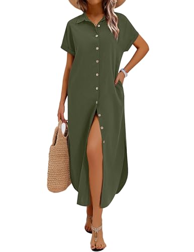 Zeagoo Women Dresses Summer Cotton Linen Dress Short Sleeve Long