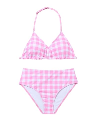 WDIRARA Girl's 2 Piece Swimsuits Cute Plaid Halter High Waisted Bikini Beach Sport Bathing Suit