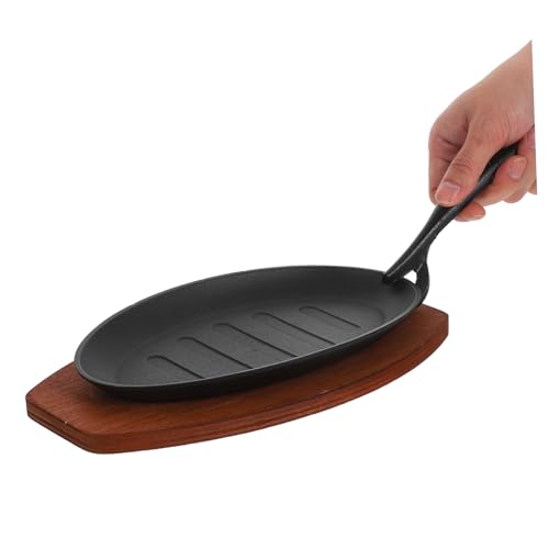 Cabilock Cast Iron Baking Pan Fajita Plate for Home Barbecue Catering Wooden Tray Sizzling Steak Plate Iron Cast Frying Pan - Image 5