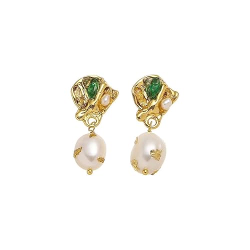 14K Gold Natural Pearl & Round Emerald Gourd Drop Earrings, Exquisite Craftsmanship Classic Gemstone Design, Ideal for Elegant Evenings Gift