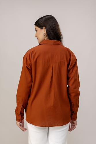 Image of Women's Linen Blend Shirt | Casual Collared Button Down Shirt for Women | Solid Color Full Sleeve Oversized Fit | Summer Casual & Office Wear Top
