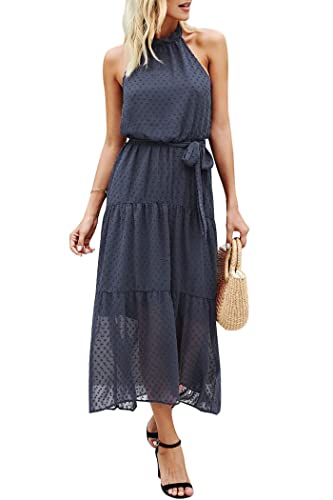 Image of PRETTYGARDEN Women's Halter Neck Floral Long Maxi Dress Casual Sleeveless Backless Dresses Loose Ruffle Sundress with Belt