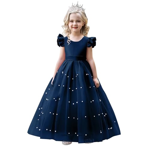 Girl Formal V-Back Satin Flower Girl Dress Girls Dresses for Wedding Flying Sleeve Pearls Tulle Girls Prom Ball Gown Princess Dresses Navy Blue