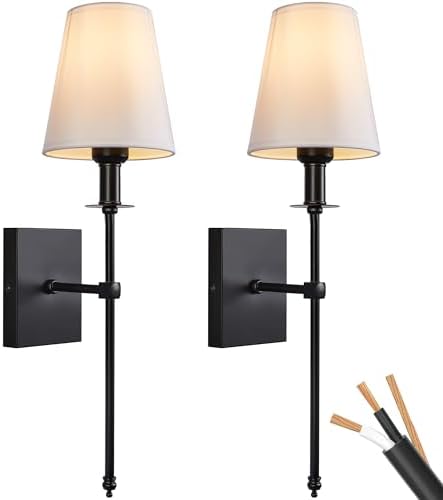 PASSICA DECOR Hardwired Wall Sconces Set of Two 2 Pack Black with Vertical Rod and White Fabric Flared Shade,Versatile Used in Bathroom Stairway Fireplace Living Room Bedroom Farmhouse Nightstands