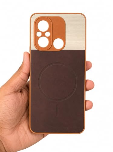 Image of Bintage Mac Safe Design Hard Slim Back Case | Soft Border Camera Protect | Dual PU Leather Finish Back Cover Compatible for MI Redmi 12C 4G - White & Cherry Brown