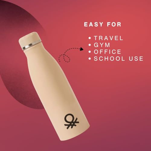 Image of United Colors of Benetton 750 ML Stainless Steel Water Bottle, Single Wall, Lightweight, Durable, Leak-Proof Cap, BPA-Free, Rust Resistant, Easy to Clean, Travel /Gym /Office /School Use (Blush)