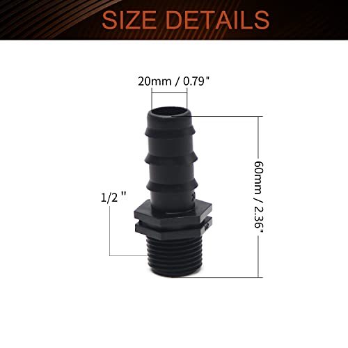 Mromax 25Pcs Drip Irrigation Fittings 1/2" Male Thread Barbed Pipe Connectors External Socket Hose Fitting For Garden Lawn Agricultural Irrigation System Plastic Black, 2.36" Length #TOP1