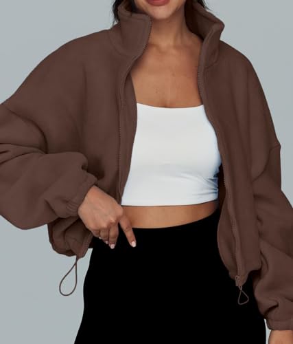 EUDOLAH Damen Reißverschluss Sweatshirt Langarm Fleece Schüttelvlies Pulli Outwear Jacken Herbst Winter Sweatjacke mit Kordelzug Kaffee M