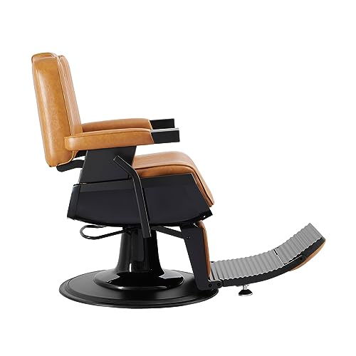 SHERMAN Heavy Duty Barber Chair Reclining Seat, Hydraulic Barber Chair for Barber Shop Hair Salon, Black Frame Camel Leather