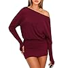 OZICERD Women Off One Shoulder Going Out Mini Dress Loose Batwing Long Sleeve Hip Wrap Bodycon Casual Dresses Robe Femme Red M
