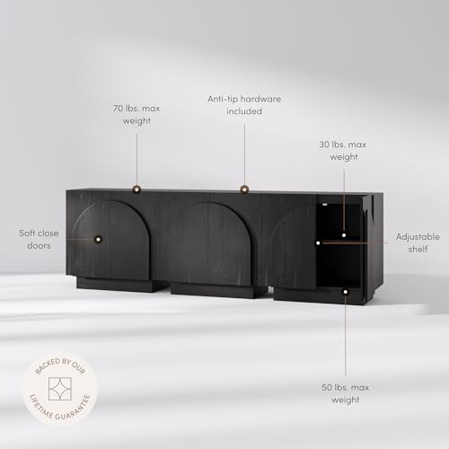 Image of Nathan James Iris Mid-Century Modern Buffet Sideboard Credenza TV Stand, Wood Storage Cabinet with Arched Doors for Kitchen or Living Room, Black Oak, Set of 3
