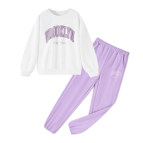 Image of DREAM BUS Girl Letter Print Clothes Drop Shoulder Sweatshirt and Pants with Pockets for Girls Tween Girl Fall Pants Set