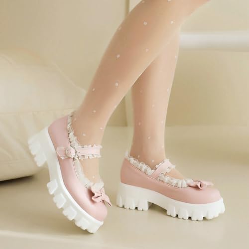 Parisuit Lug Sole Mary Jane Shoes Women Platform Goth Mary Janes Chunky Heel Pumps Sweet Lace Bow Dress Shoes3