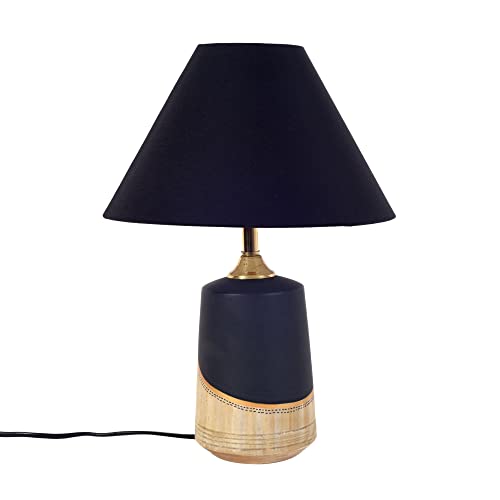 Image of AAKRITI ART CREATIONS | Midnight s Secret Terracotta Handcrafted Table Lamp with Abstract Art & Cotton Shade | Bedside Table Lamp
