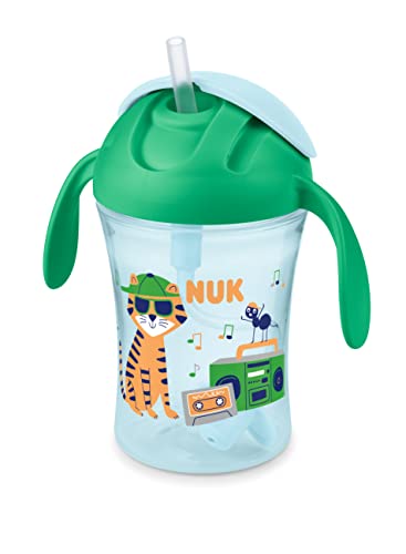NUK Motion Cup |Tazza per bambini antigoccia con cannuccia | 8+ mesi | Per bere da qualsiasi angolazione | Coperchio che scorre | Senze BPA | 230 ml | Verde, 10255640
